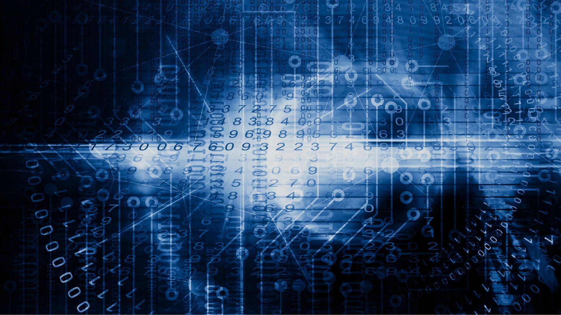 Blue abstract digital background with binary code and circuit board elements.