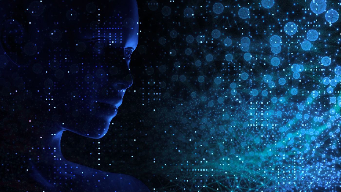 Silhouette of a person with digital data overlayed, blue and teal hues, representing AI or data flow.