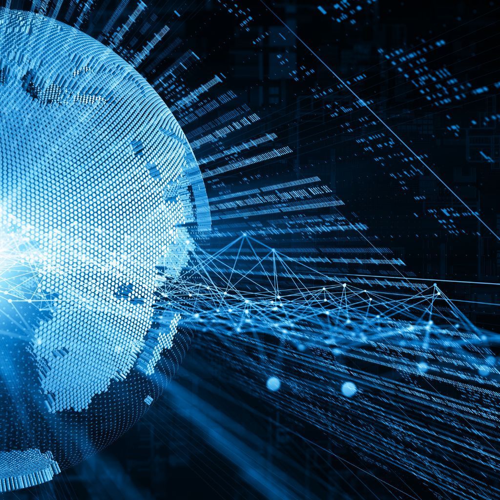 Digital globe with interconnected lines and data streams, blue tones, abstract representation of global network.