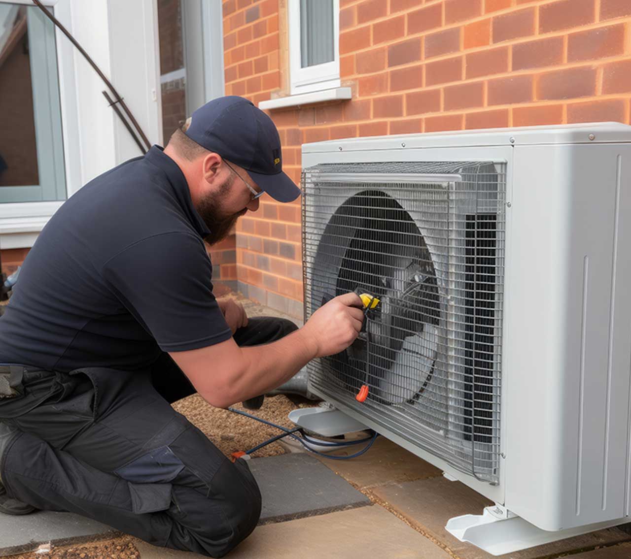 An air source heat pump heating unit installed on the outside of a house by an engineer
