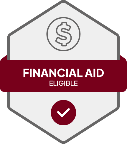 Badge: Financial Aid Eligible, blue banner, building icon, dollar sign.