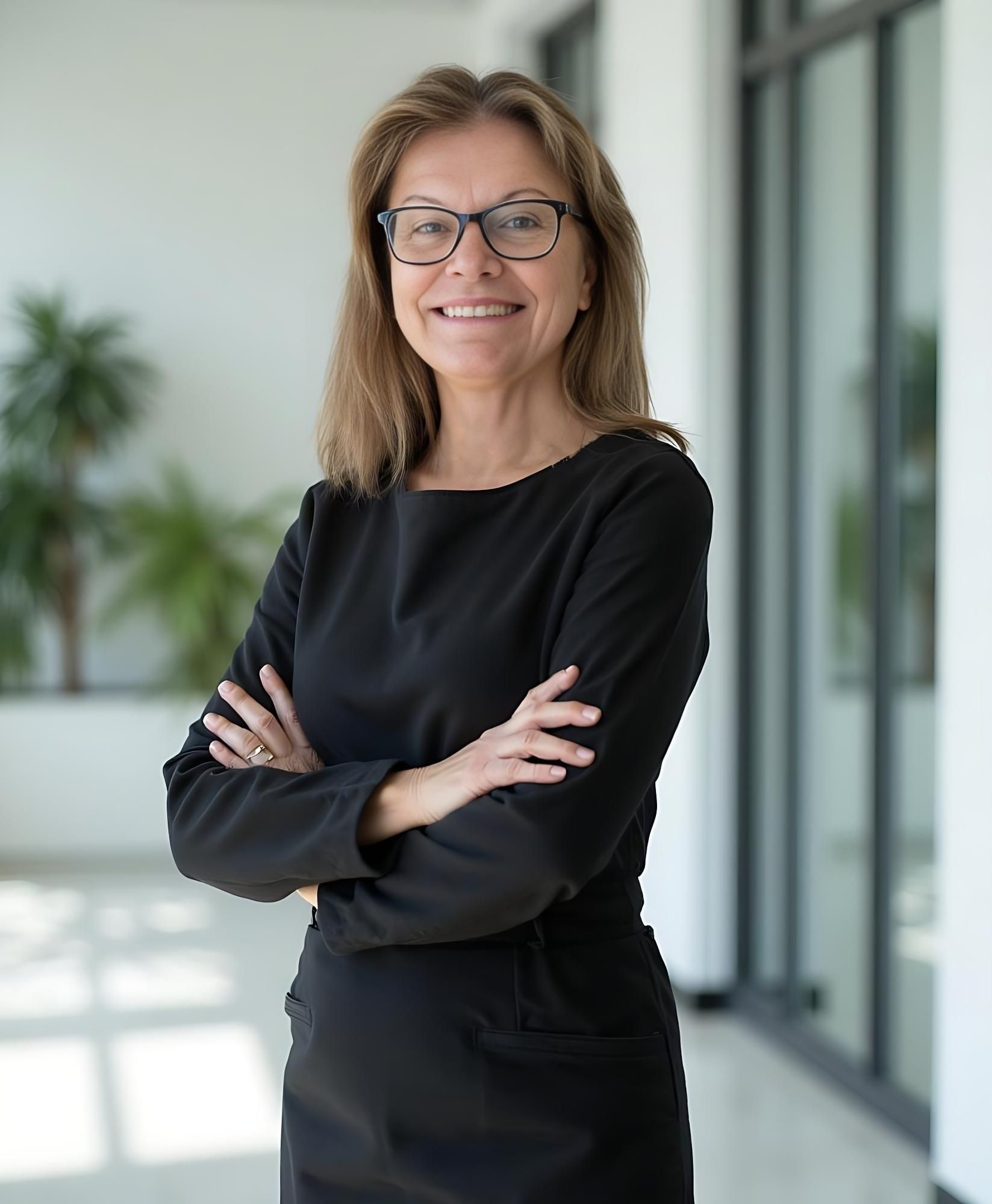 A woman wearing glasses and a black dress is standing with her arms crossed and smiling.