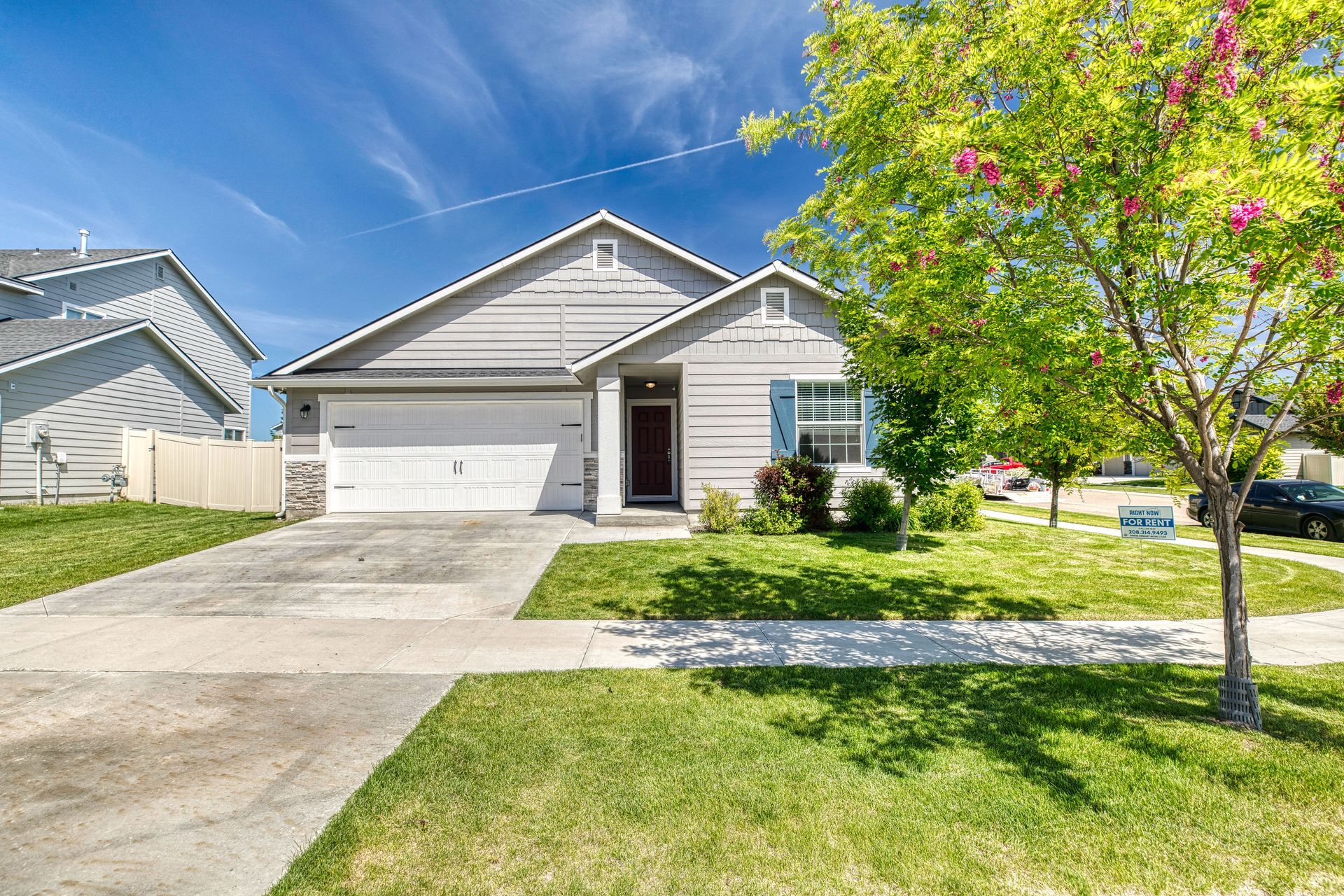 Gray house with a driveway, garage, and front yard with a tree under a bright blue sky.