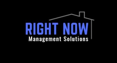 Logo of "RIGHT NOW Management Solutions" in blue and white with a house outline on a black background.