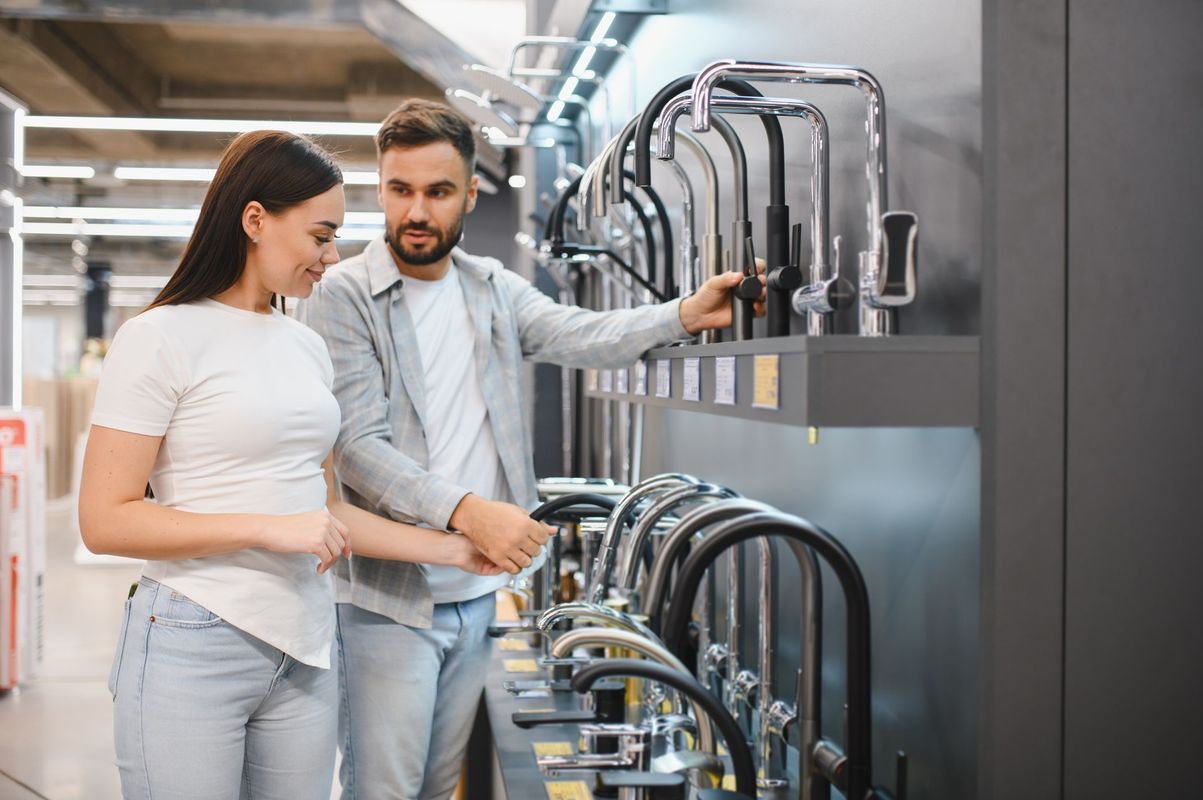 Couple shopping for faucets in a hardware store; man points to one while woman looks on.