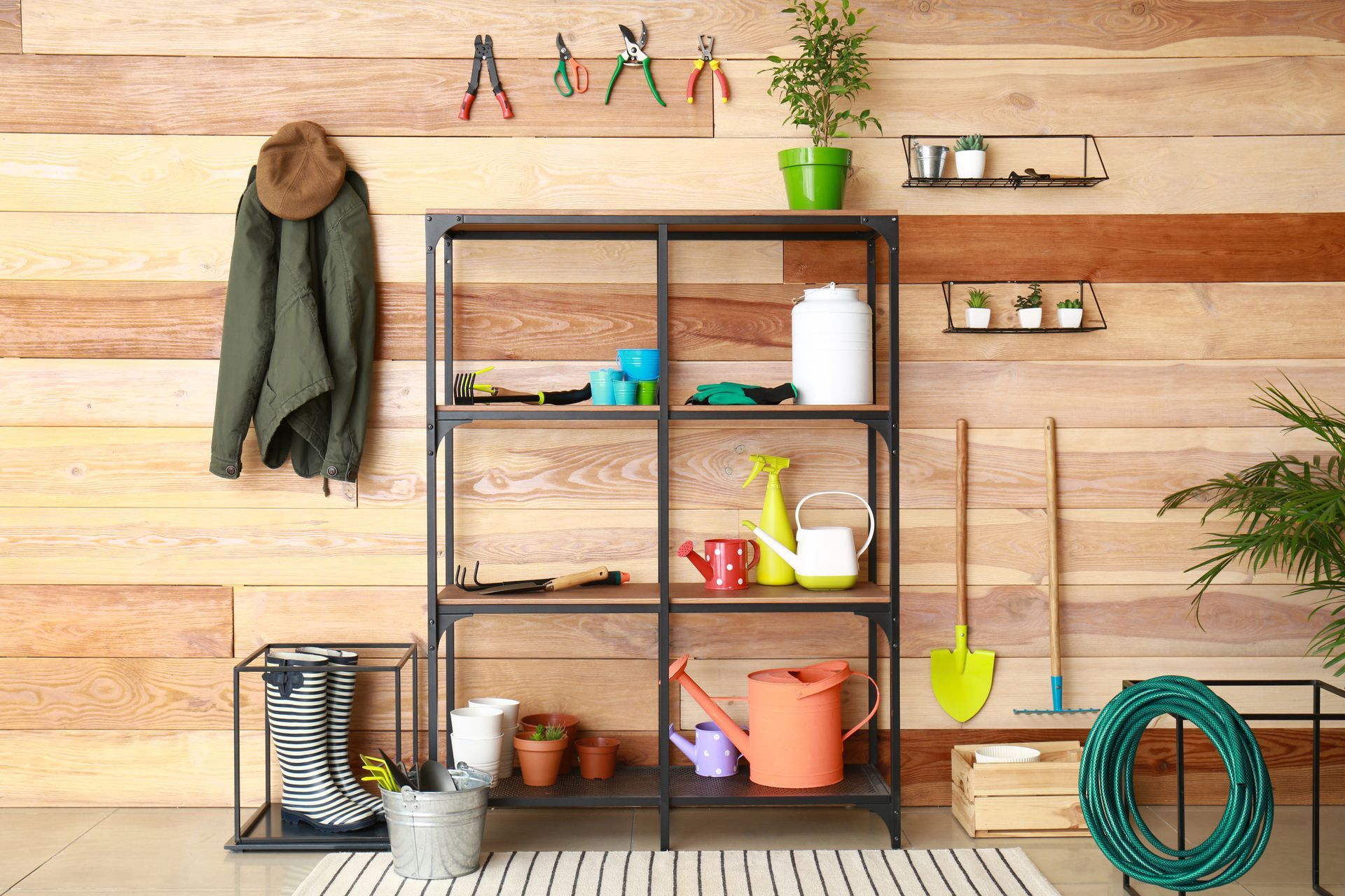 Gardening tools and supplies organized on shelves against a wood-paneled wall.