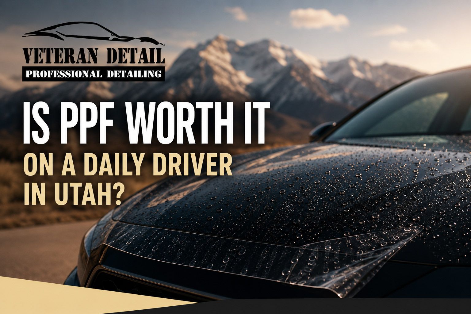 Car hood with water beading on a mountain road backdrop, text reads: “Is PPF worth it on a daily driver in Utah?” Car hood with water beading on a mountain road backdrop, text reads: “Is PPF worth it on a daily driver in Utah?”