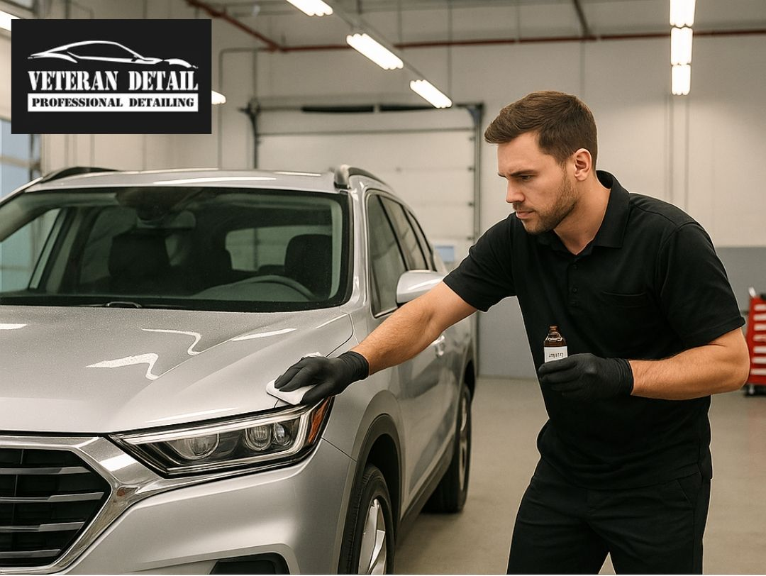 Man in black attire applying detail product to silver SUV in a garage.