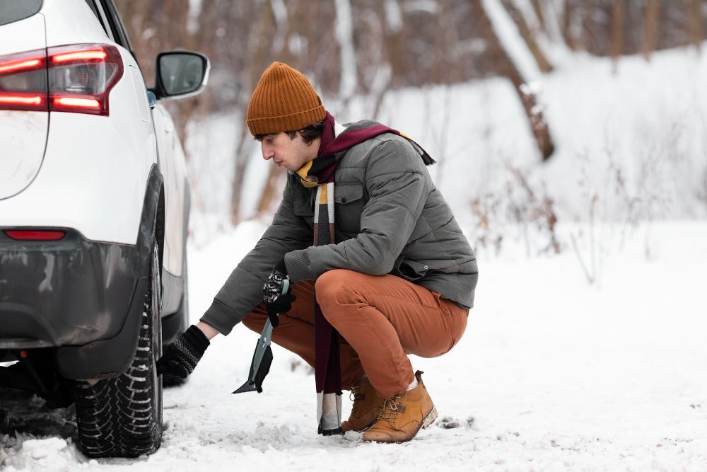 Man changing a tire in snow. Wearing winter clothes, squatting near a white car.
