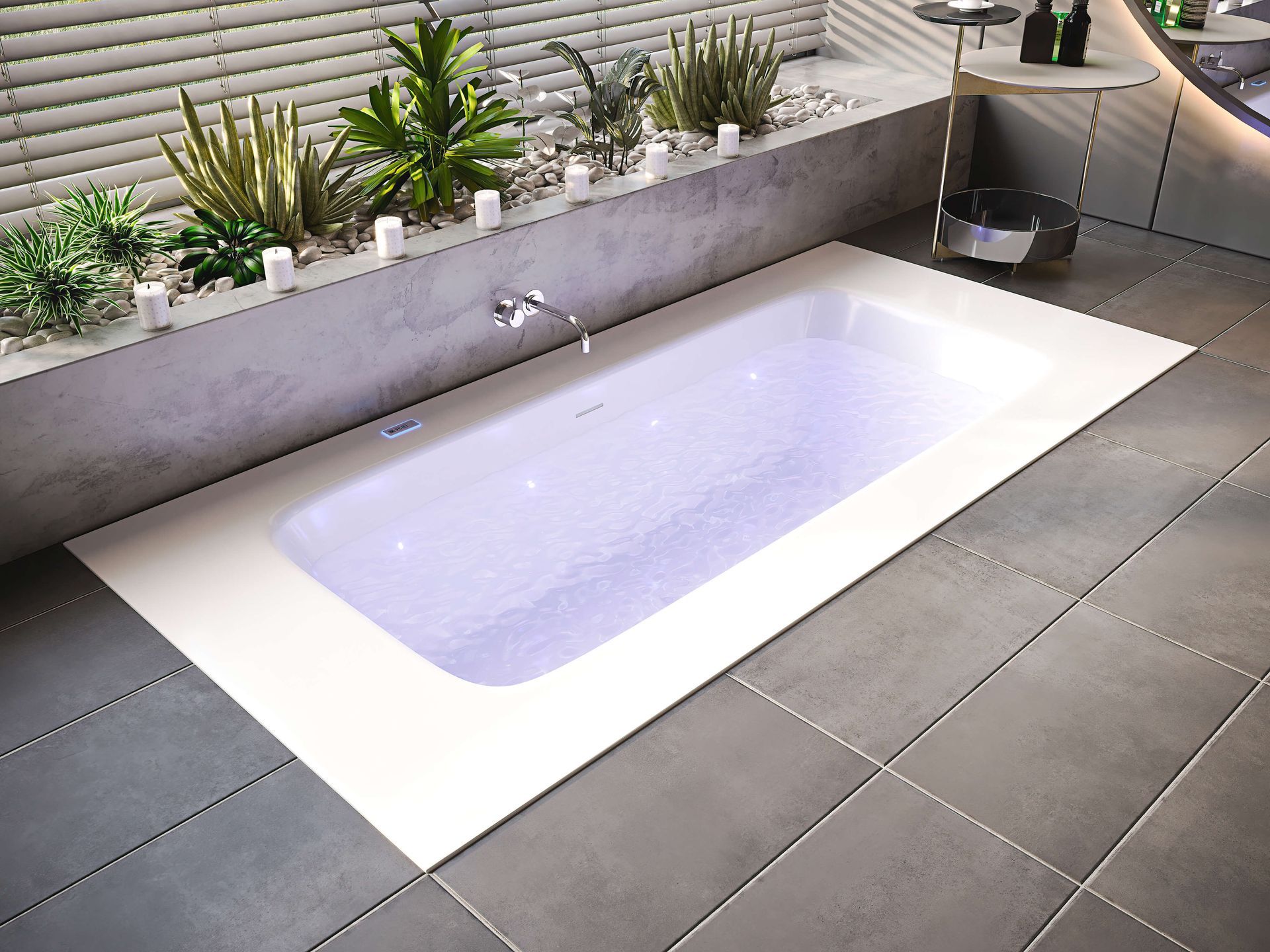 Baignoire rectangulaire en résine minerale solid surface avec de larges plages a decpouer sur mesure