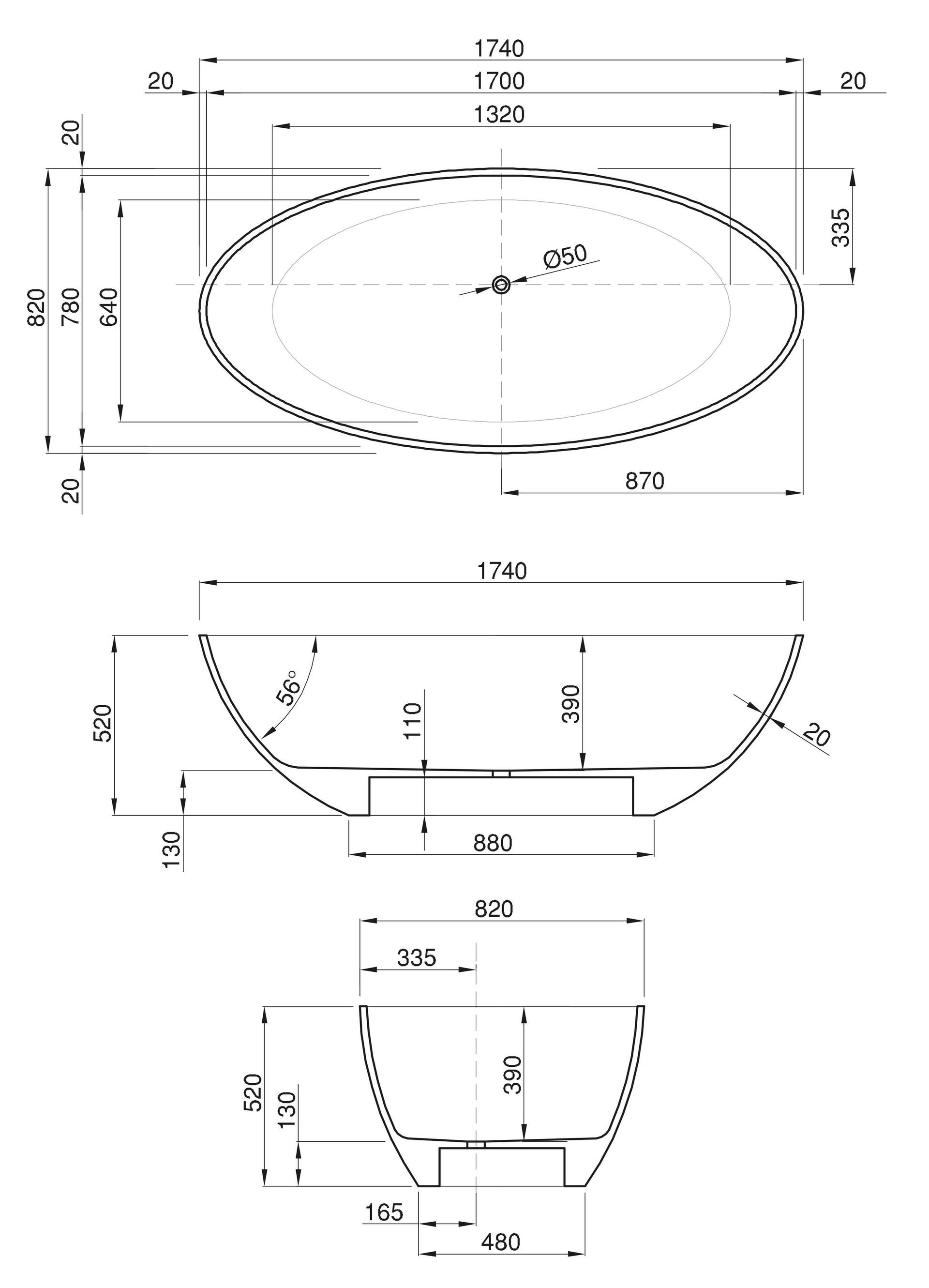 Schéma baignoire îlot ovale en résine modèle Cormier