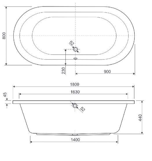 Schéma baignoire ovale 180 avec les plages