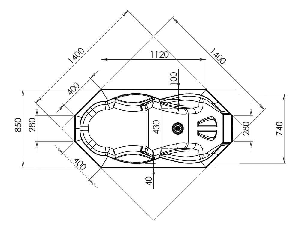 Schéma baignoire ergonomique d'angle 140X140