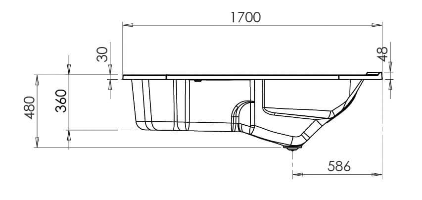 Vue de coupe baignoire ergonomique en angle