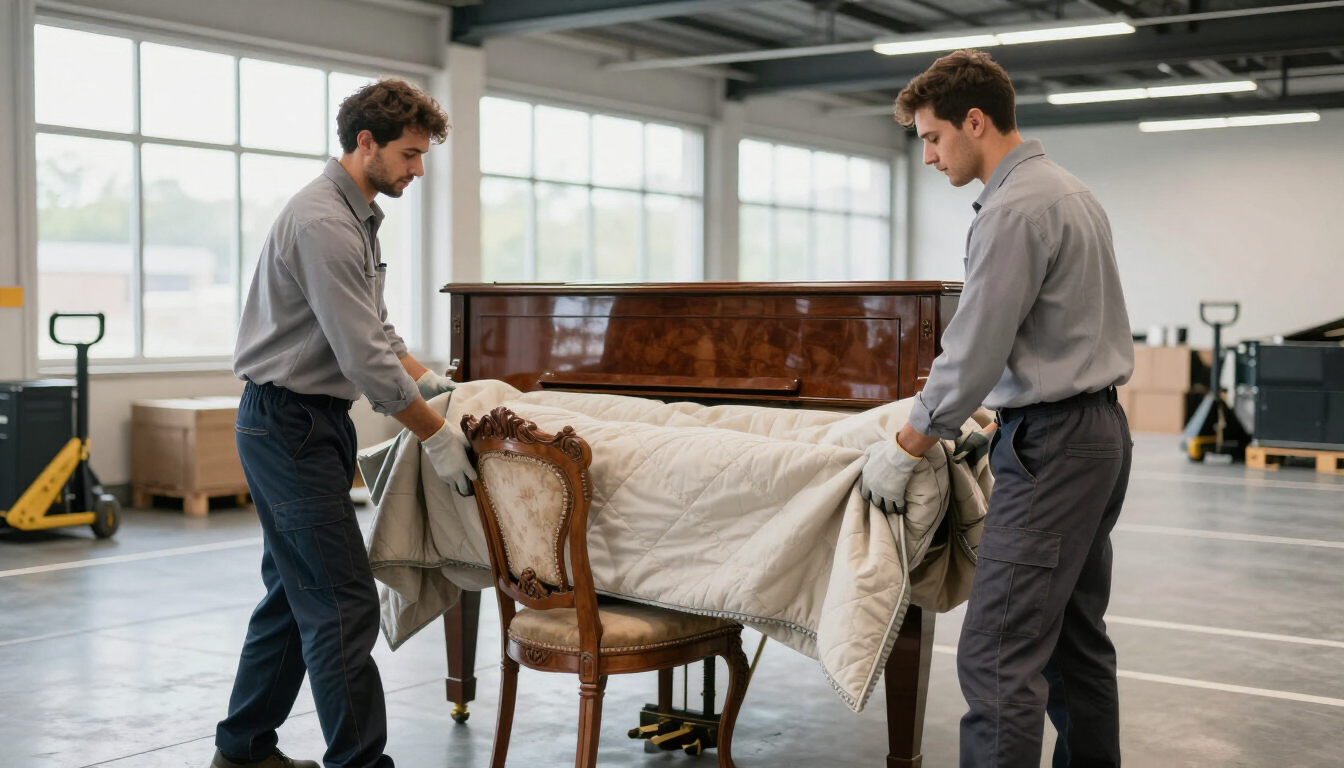 Two workers in gray uniforms move a piano covered with a protective moving blanket inside a warehouse.