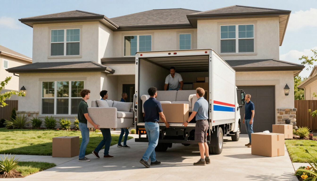 Movers load furniture into a box truck parked in the driveway of a two-story suburban house.