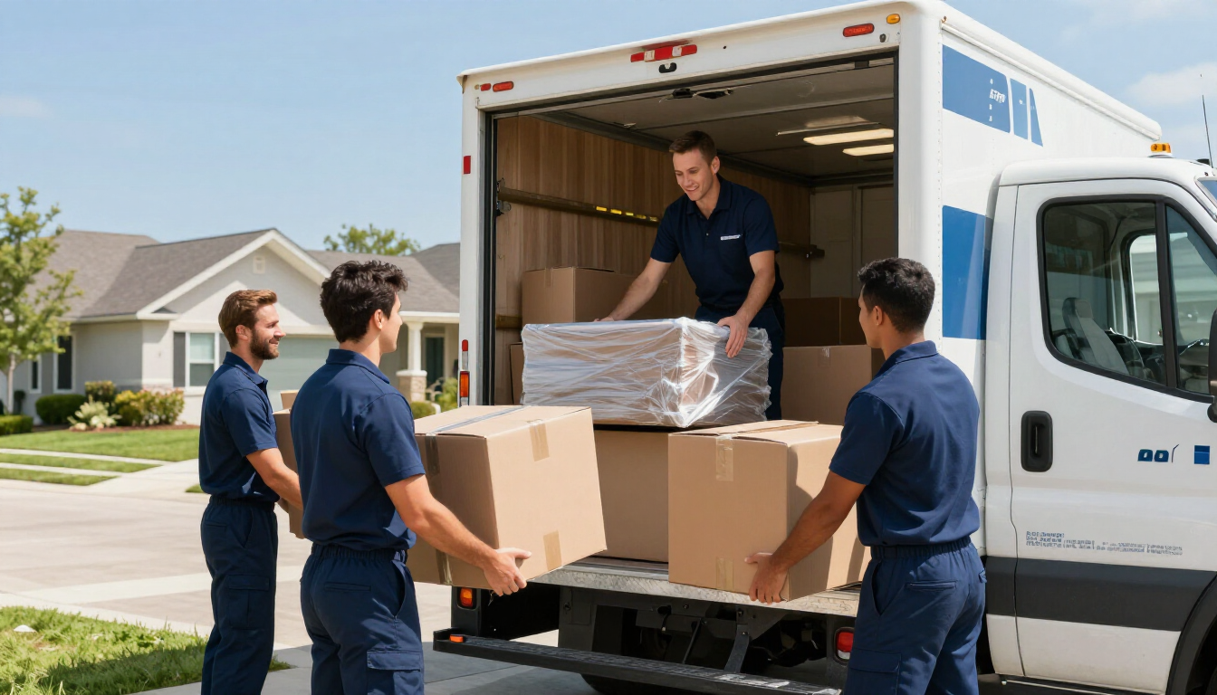 Four movers in matching blue uniforms load cardboard boxes into the back of a parked white moving truck on a sunny day.