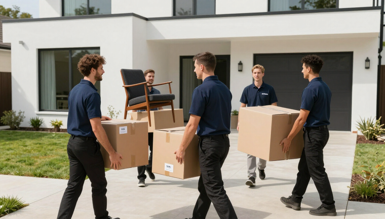 Five movers in dark uniforms carry cardboard boxes and a wooden chair toward a modern white house.