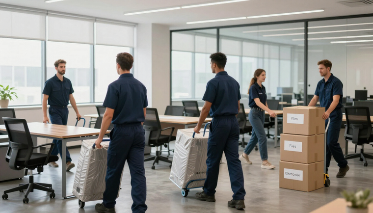 A group of people wearing blue uniforms move office furniture and cardboard boxes on dollies in an office space.