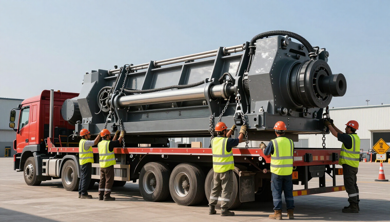 Four workers in high-visibility vests secure a large industrial machine onto a red flatbed truck outdoors.