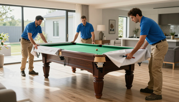 Three individuals in matching blue polo shirts and khaki pants carefully placing a white cover over a billiards table.