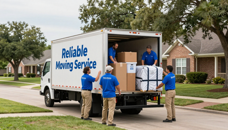 Four workers in blue uniforms loading boxes and furniture into a Reliable Moving Service truck in a suburban neighborhood.