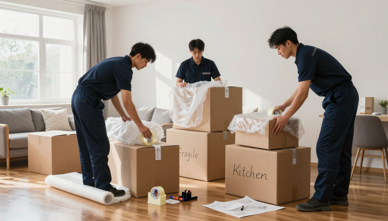 Three people in matching uniforms pack cardboard boxes with bubble wrap in a bright living room.