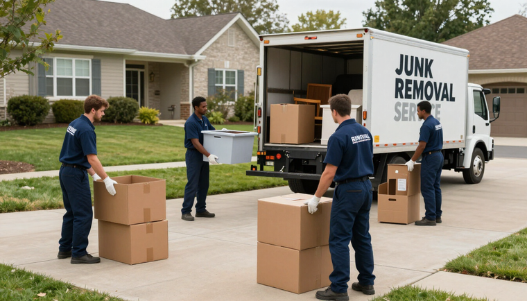 Four workers in navy uniforms load cardboard boxes into a 