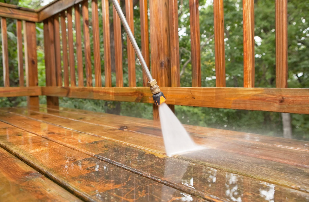 Wood deck pressure washing