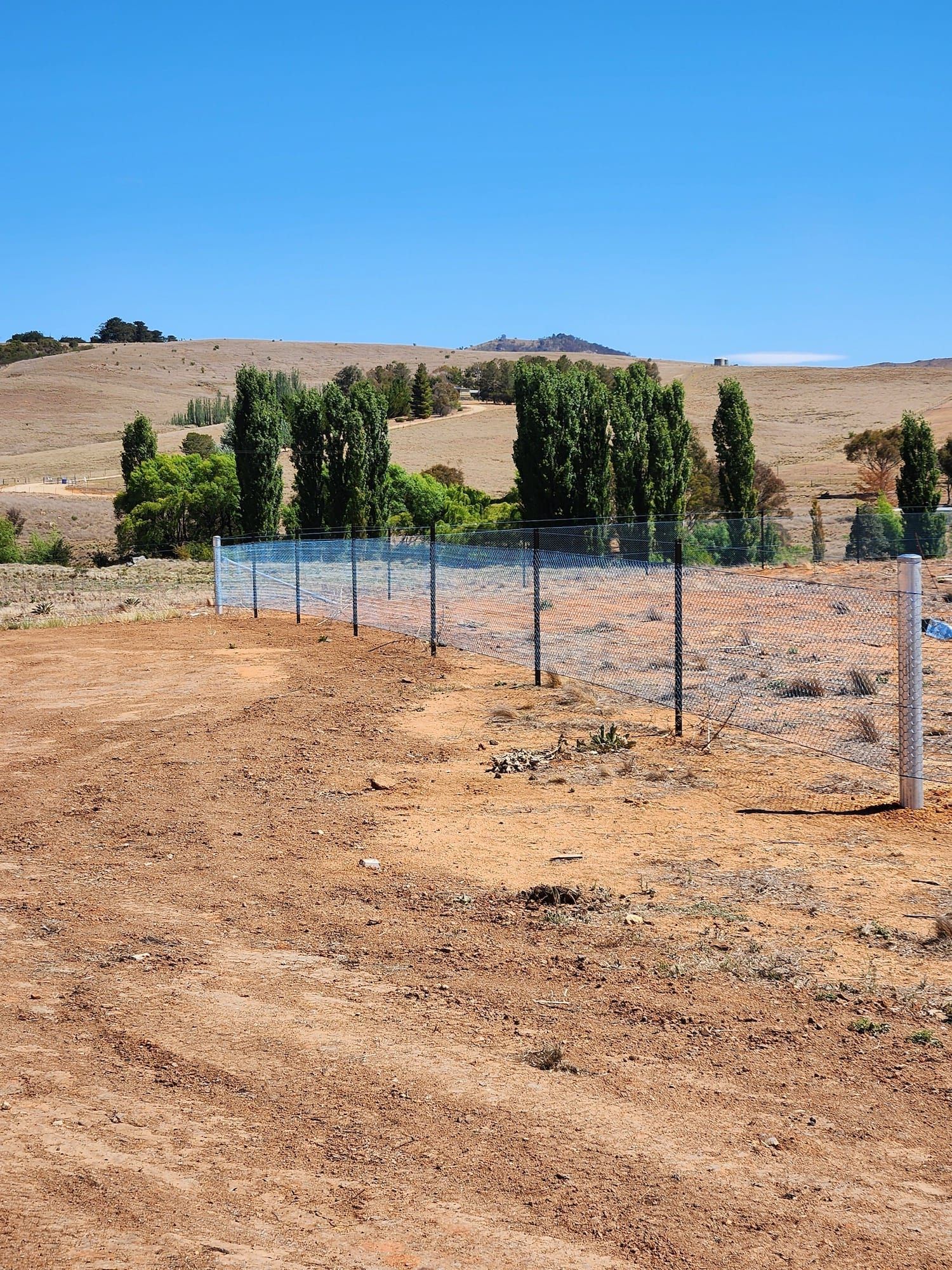 A wire fence on brown dirt with trees and a hill under a blue sky.