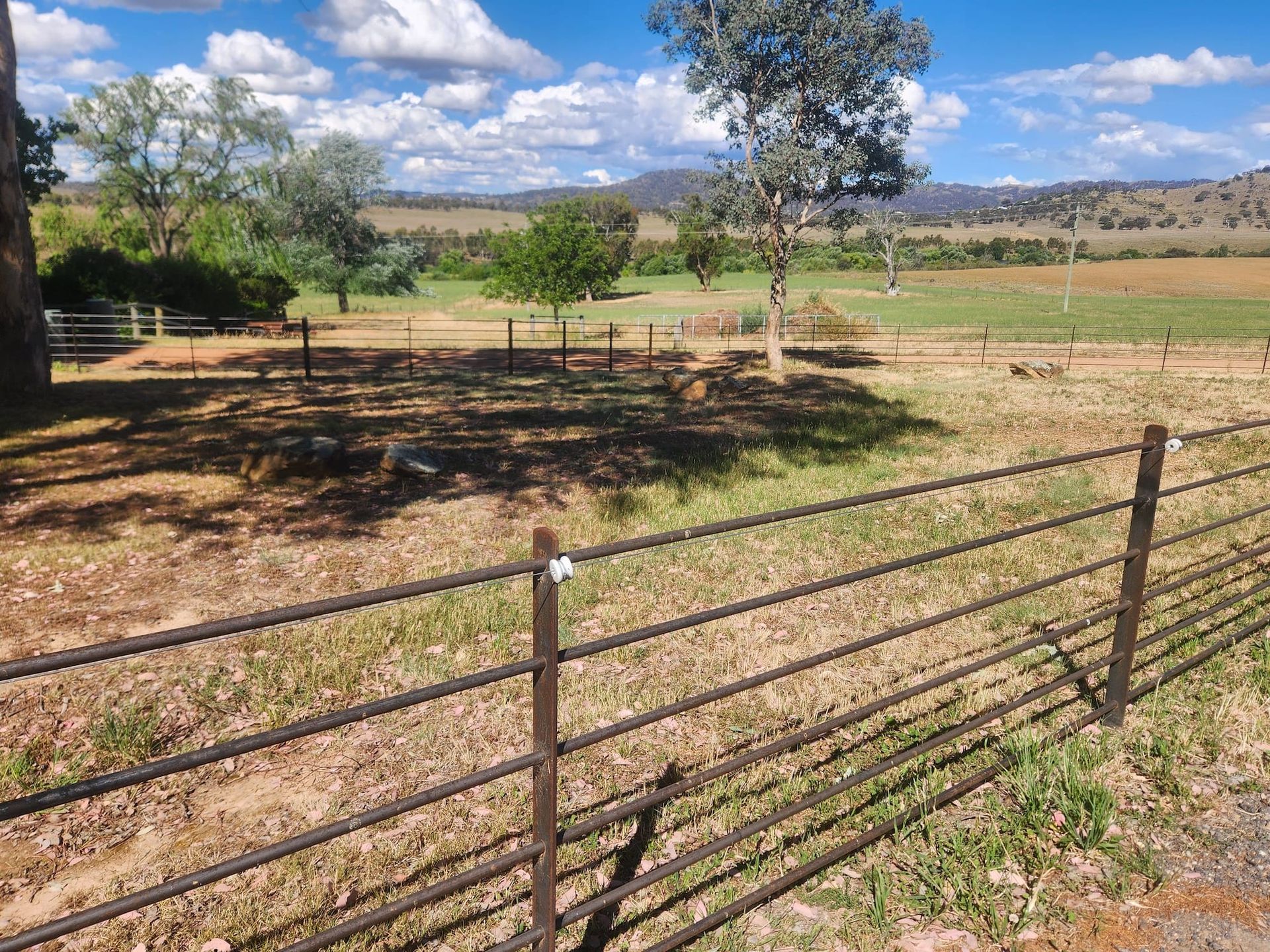 Metal fence in foreground, brown field, green trees, and mountains under a blue sky.