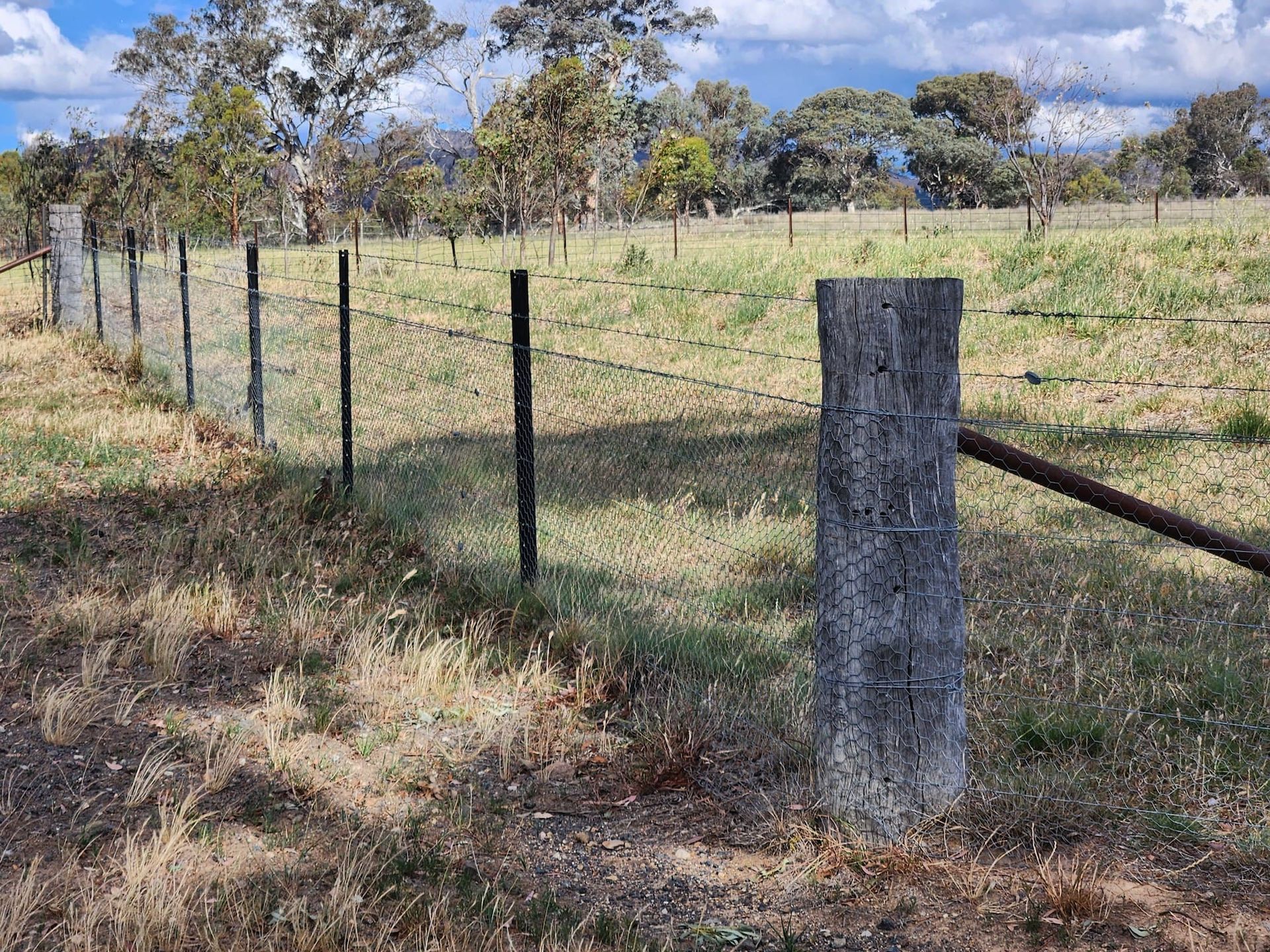 Fence bordering a grassy field; wooden post in foreground, wire and metal posts stretch across the field.