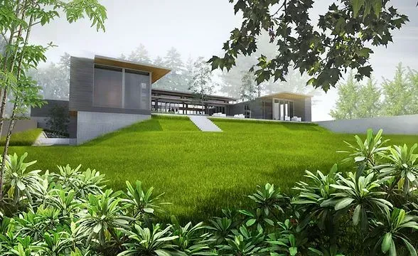 Modern house on a grassy hill, surrounded by trees and lush greenery.