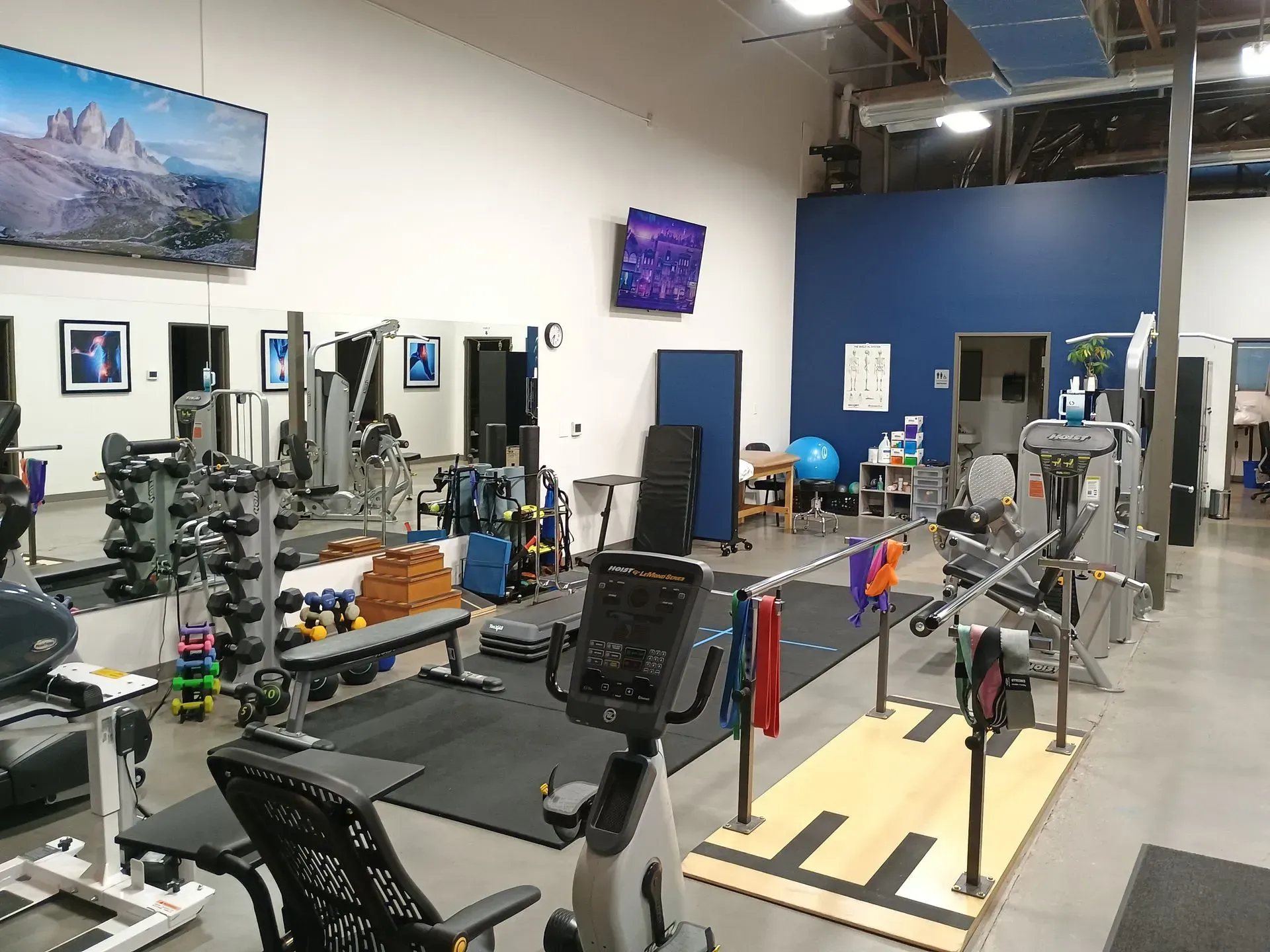 Gym interior with exercise equipment, including weights, machines, and mirrors. Dark blue accent wall, neutral tones.