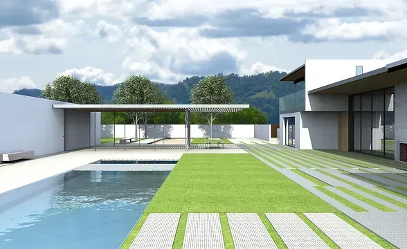 Lounge area with high ceilings, exposed beams, fireplace, leather furniture, and cowhide rug.