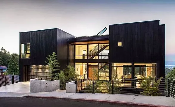 Modern black house with large glass windows and concrete features.