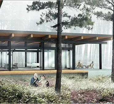 Modern house with glass walls and a covered porch in a forest setting; people and dog outside.