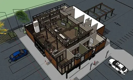 Cutaway view of a modern building with interior furnishings and adjacent parking. Brown, black, and white design.