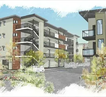 Architectural rendering of a multi-story apartment building with balconies, exterior staircases, and surrounding landscaping.