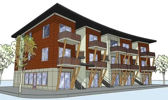 Building rendering of a three-story modern structure.