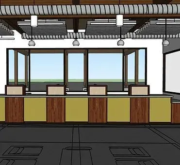 Interior view of a modern counter with large windows, desks, and overhead lighting.