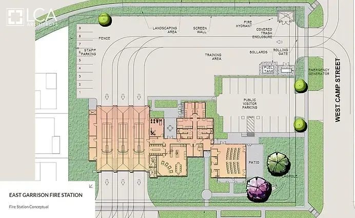 Floor plan for the East Carson Fire Station showing layout, parking, landscaping, and adjacent street.