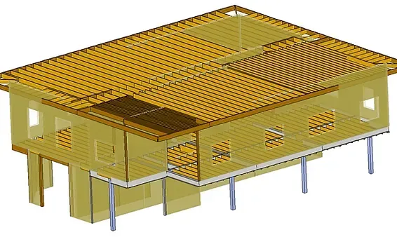 Isometric view of a house under construction; exposed wooden frame, partial roof, foundation piers.