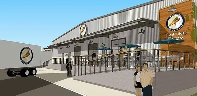 Exterior of a tasting room with a couple and a semi-trailer.