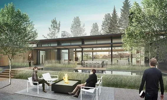 Modern home with outdoor seating around a fire pit and dining area, surrounded by trees and water.