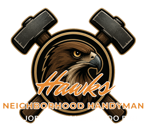 Hawk logo with crossed hammers and &ldquo;Neighborhood Handyman&rdquo; text