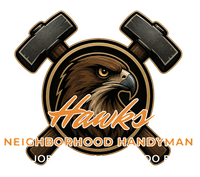 Hawk logo with crossed hammers and “Neighborhood Handyman” text