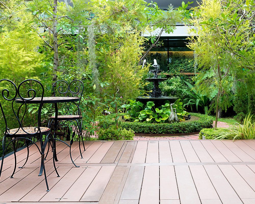 Fountain and Wooden Deck