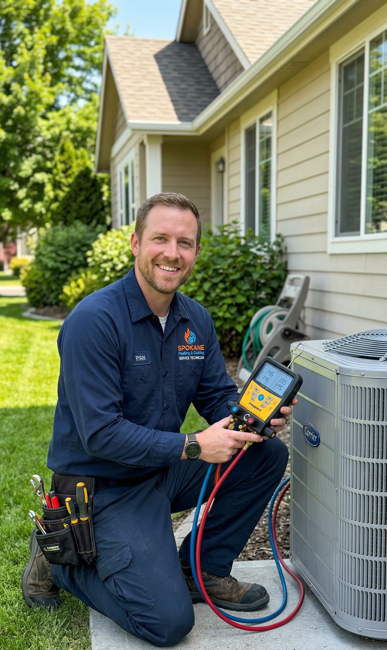 A friendly Spokane Heating and Cooling technician smiling while repairing a residential outdoor AC unit, providing expert HVAC Cooling Spokane services.