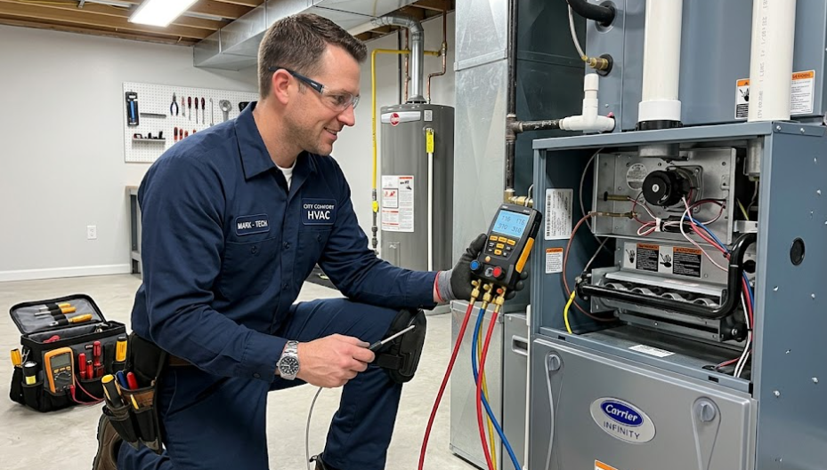 A technician wearing safety glasses uses a digital manifold gauge to service a home furnace in a basement.